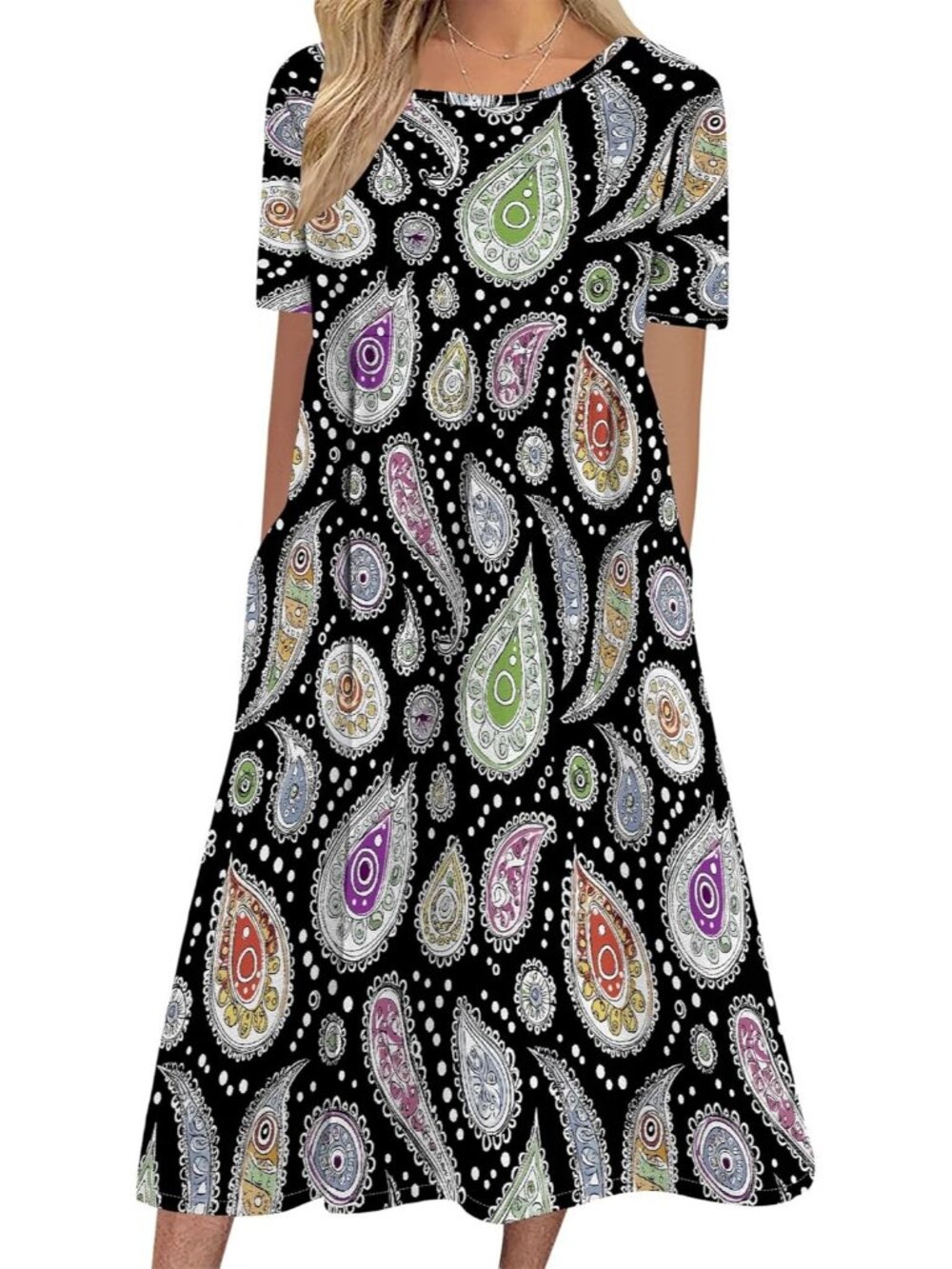 Women's White Black Dot Sleeve Crewneck Floral Print Casual Mode Maxi Long Dress